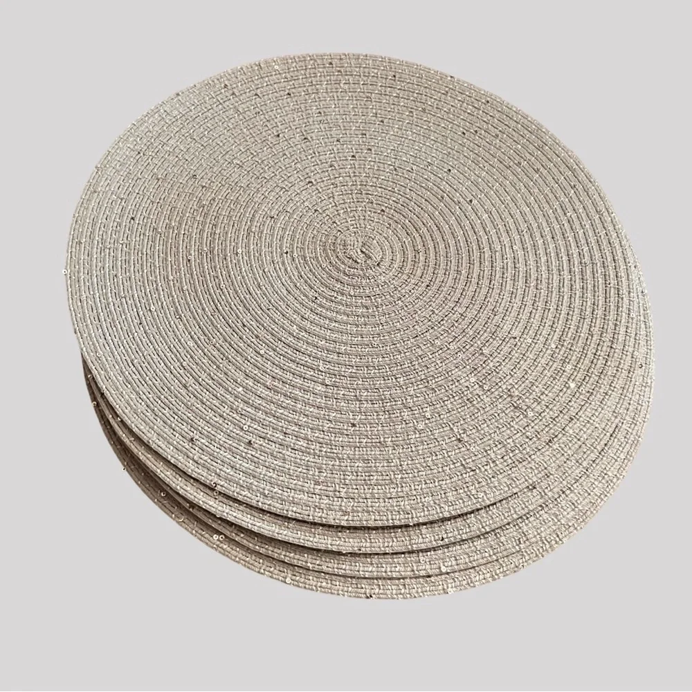 Pottery Barn Round Sequin Straw Placemat Set of 4 - Neutral Beige